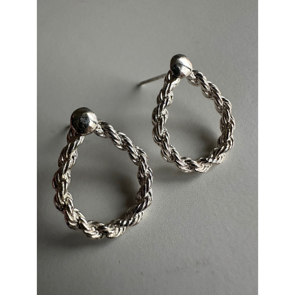 925 Sterling Silver Rope Twist Teardrop Hoop Earrings Textured Cable Studs